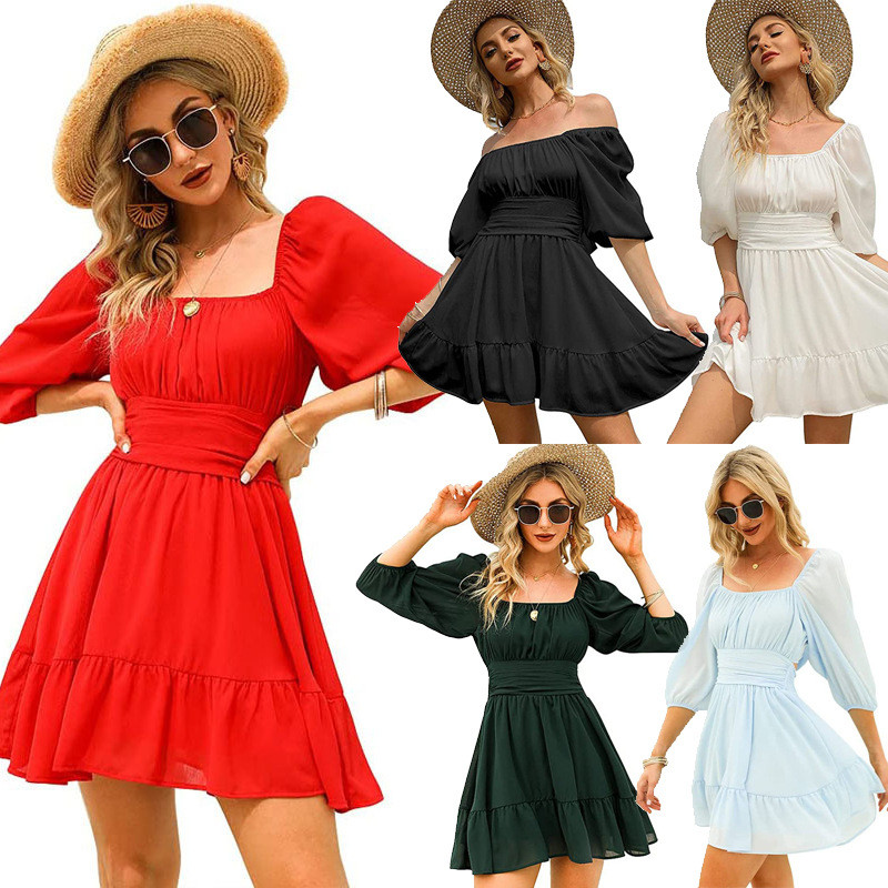 Best Women Lantern Sleeve Summer Ruffle Dress Lace-Up Backless Solid Color