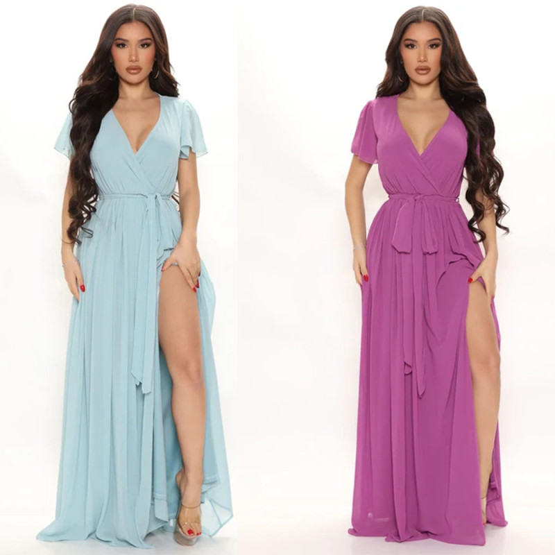 Elegant Solid Color Evening Long Dress High Leg Slit Short Sleeve Deep V Lace-Up