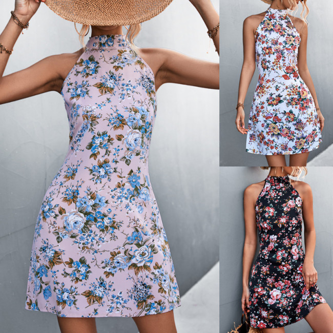 Slim Fit Sleeveless Lace-Up Halter Mini Dress Floral Print Women Manufacturer