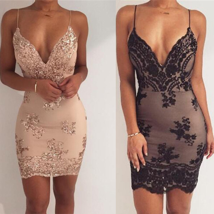 Bulk Wholesale Embroidery Women's Sequin Summer Dress Bodycon Deep V-Neck