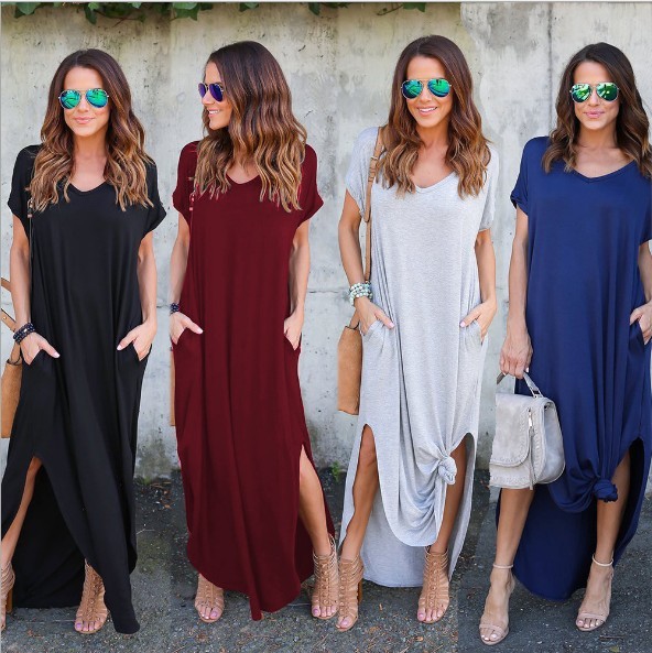Simple Basic Plus Size Long Dress Pocket Loose Side Slit Hem Women