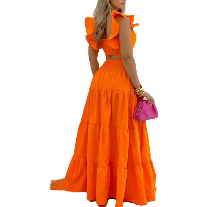 Summer Orange Two Piece Casual Dress Crop Tops Ruffle Sleeve and Maxi Skirt