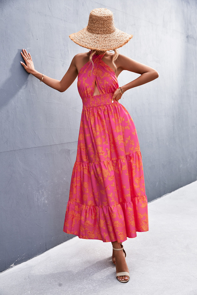 Wholesale Sexy Summer Backless Floral Dress Long Halter Neck for Women