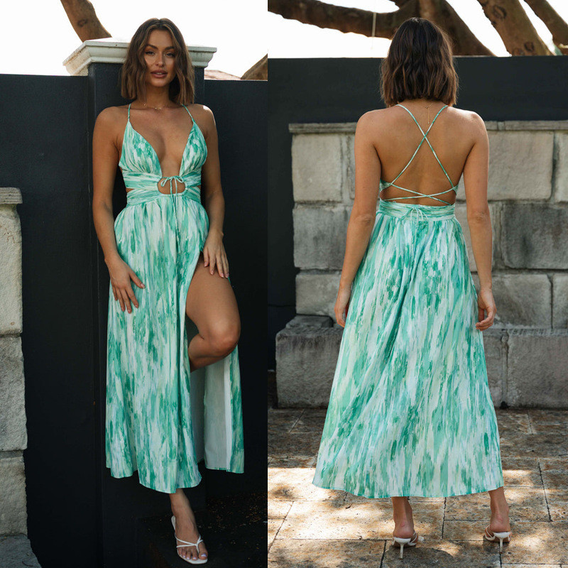 Hot Selling Green Printed V-Neck Lace-Up Maxi Dress Beach Side Leg Slit