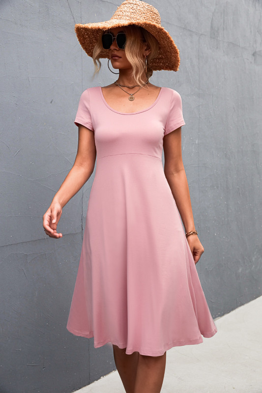 Basic Solid Color Round Neck Skater Dress Short Sleeve Summer for Women