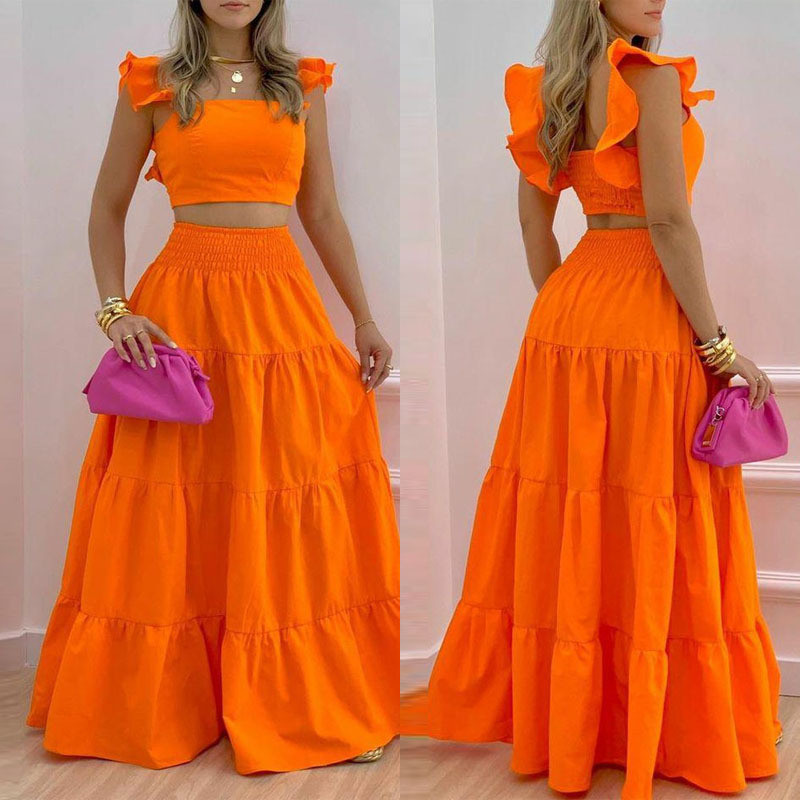 Summer Orange Two Piece Casual Dress Crop Tops Ruffle Sleeve and Maxi Skirt