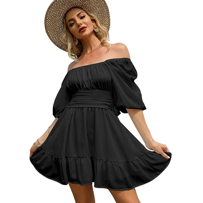 Best Women Lantern Sleeve Summer Ruffle Dress Lace-Up Backless Solid Color