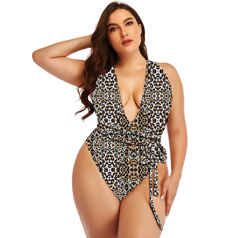 Best Leopard Print Ladies One Piece Swimsuits Plunge Neck Backless Lace-Up
