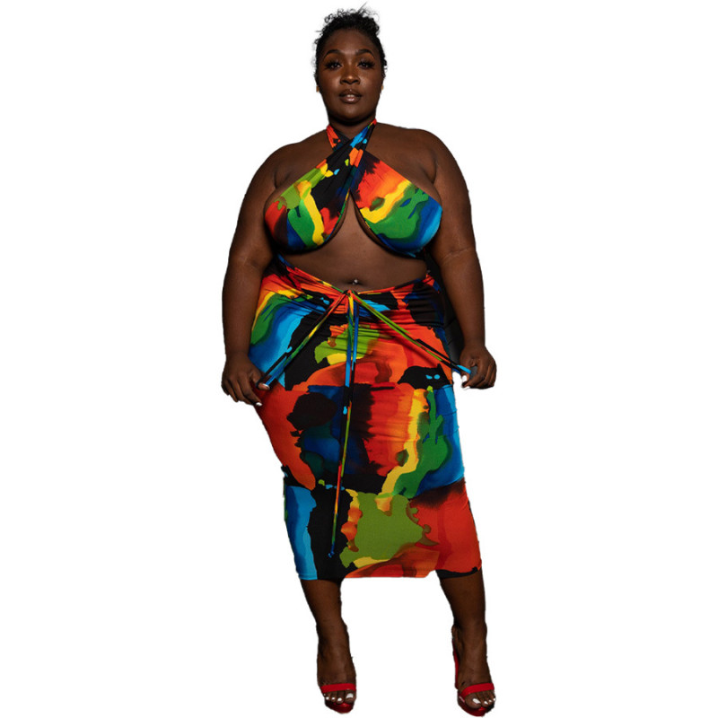Colorful Print Plus Size Bodycon Dress Two Piece Halter Top and Slim Skirt