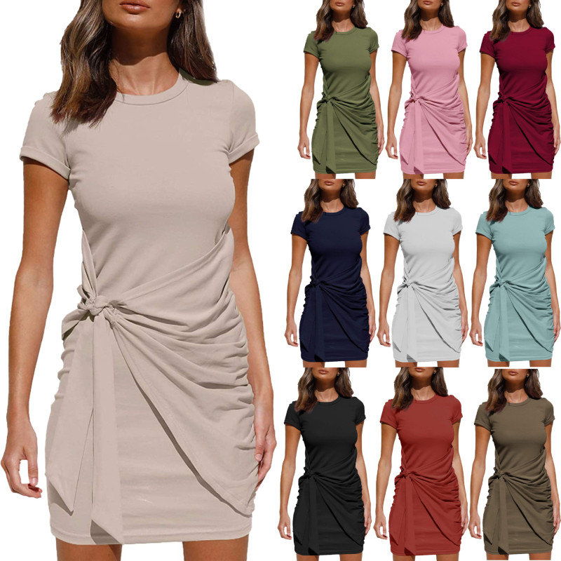 Summer Slim Fit Women Ruched Dress Side Sash Knot Short Sleeve Solid Color