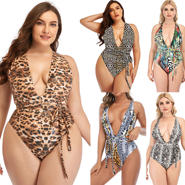 Best Leopard Print Ladies One Piece Swimsuits Plunge Neck Backless Lace-Up