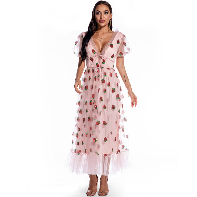 Hot Selling Women Strawberry Sequin Long Dress Mesh Puff Sleeve Ruffle V-Neck