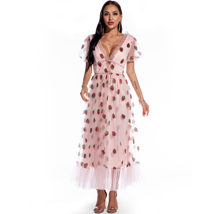 Hot Selling Women Strawberry Sequin Long Dress Mesh Puff Sleeve Ruffle V-Neck