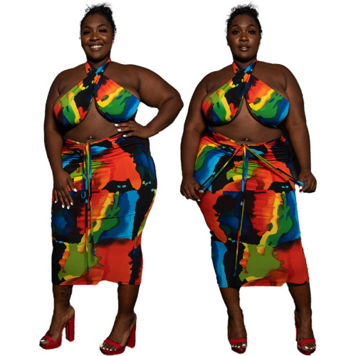 Colorful Print Plus Size Bodycon Dress Two Piece Halter Top and Slim Skirt