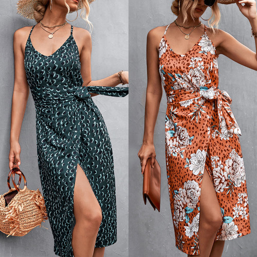 Best Selling Floral Ladies Summer Wrap Dress Slit Leg Waist Lace-Up Sash