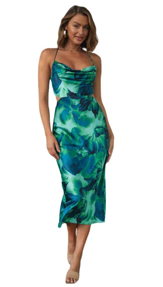 Factory Price Green Long Beach Dress Print Cross Lace-Up Back for Women