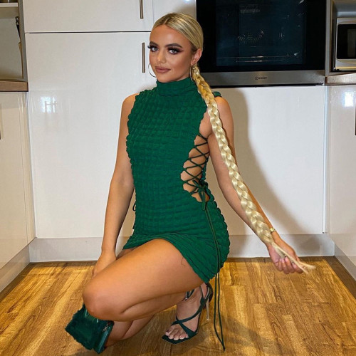 Women Sleeveless Mini Bodycon Dress High Neck Lace-Up Side Hollow Out