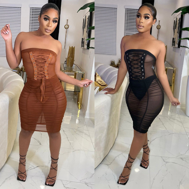 Party See Through Slim Strapless Dress Knee Length Drawstring Lace-Up Suppliers