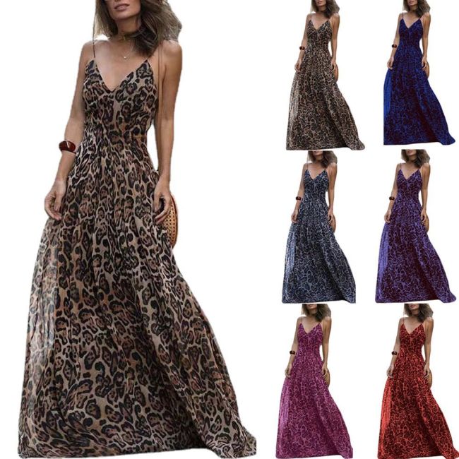 Women Leopard Sexy Halter Maxi Dress Gown Sling Straps V-Neck Manufacturer