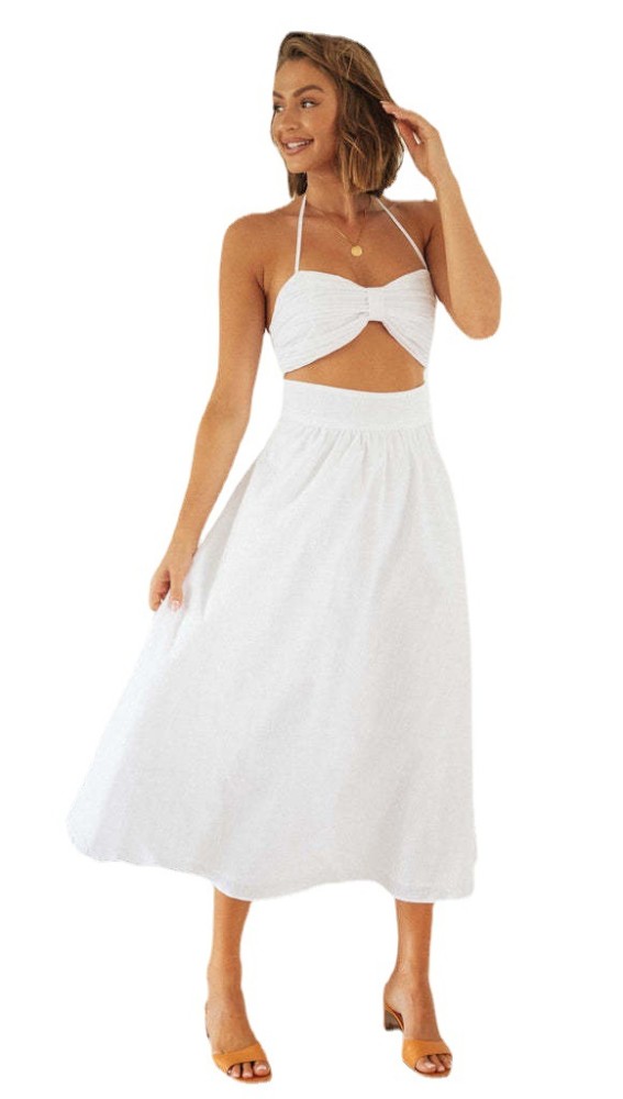 Hot Style Summer Women's Halter Neck Long Dress White Bow Slim Waist