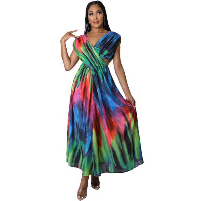 Stylish Colorful Print Maxi Dress Hollow Out Waist V-Neck Sleeveless for Ladies