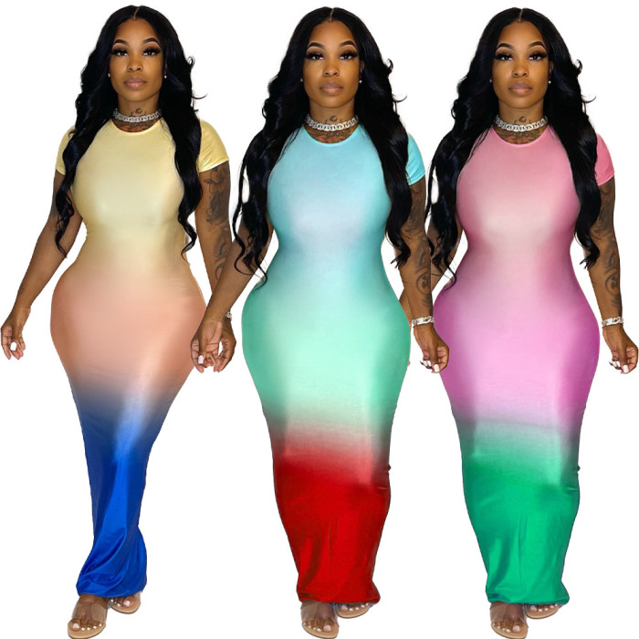 Wholesale Gradient Slim Fit Party Dress Long Cut Out Back Waist Short Sleeves