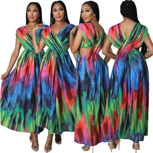 Stylish Colorful Print Maxi Dress Hollow Out Waist V-Neck Sleeveless for Ladies