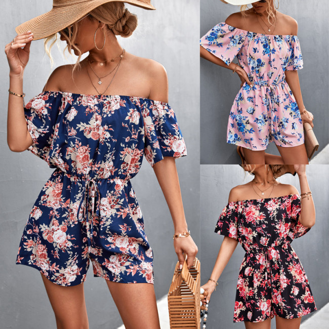 Women Floral Print Summer Strapless Romper Short Sleeve Lace-Up Waist