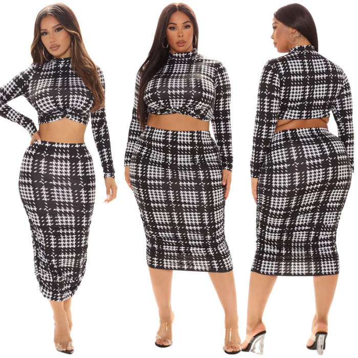 Long Sleeve Plus Size Women Bodycon Dress Two Piece Suit Plaid Print Crop Tops Skirts