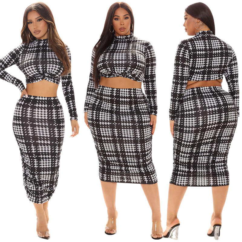 Long Sleeve Plus Size Women Bodycon Dress Two Piece Suit Plaid Print Crop Tops Skirts
