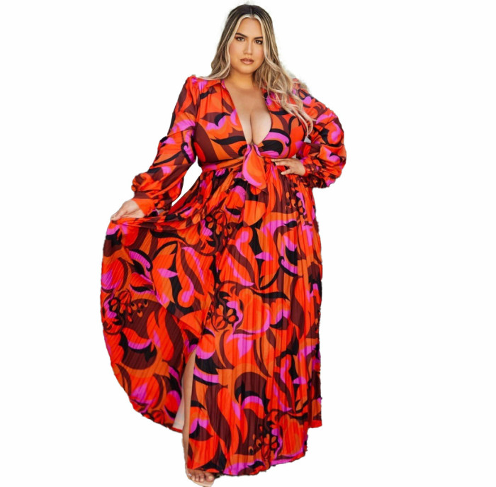 Women Floral Floor Length Two Piece Dress Suit Long Sleeve Crop Tops Leg Slit