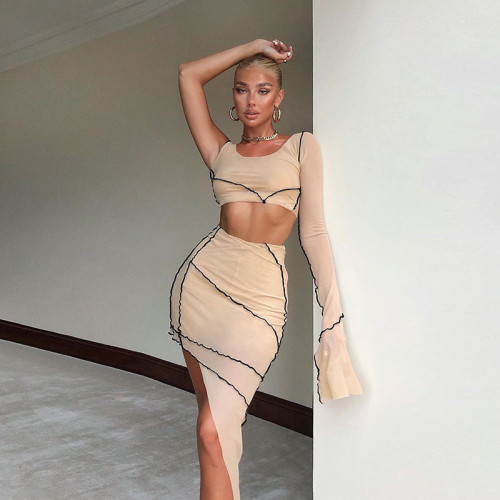 Summer Girls See Through One-Sleeve Crop Top and Irregular Mini Skirt Set