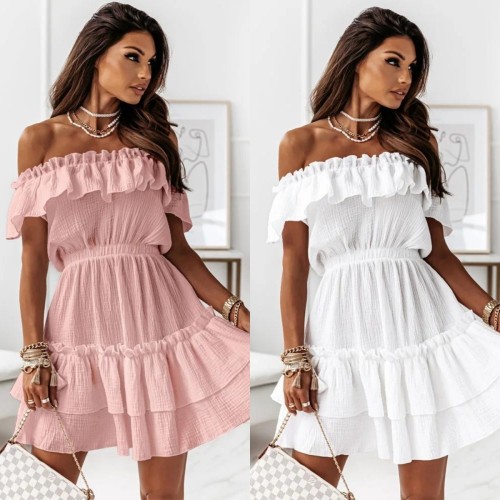 Drop Ship Loose Summer Solid Color Flounces Dress Short-Sleeved Strapless