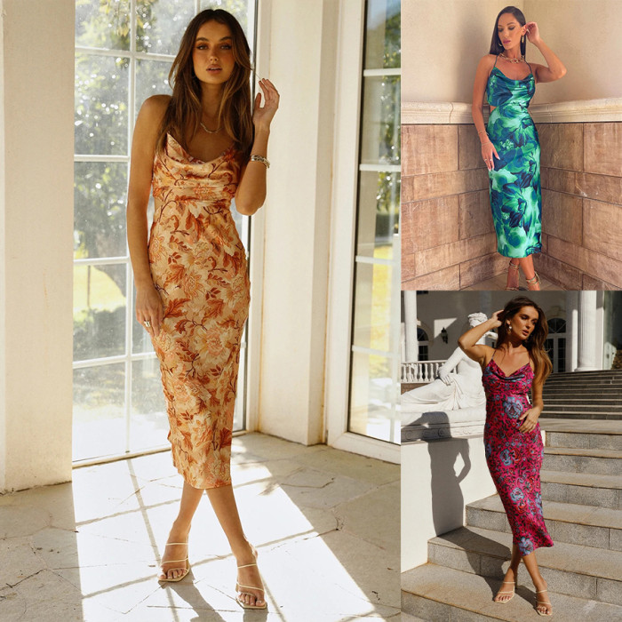 Elegant Ladies Floral Midi Backless Dress Cross Lace-Up Straps Manufacturer