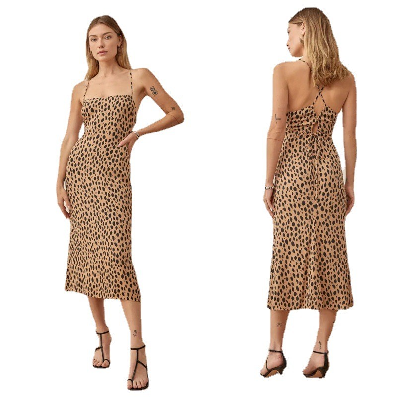 Graceful Open Back Lace-Up Leopard Best Midi Dress Women Cami Straps