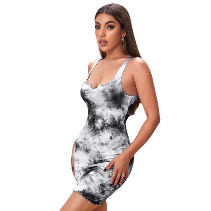 Hot Selling Slim Fit Tie-Dye Print Bodycon Dress Women Rib Short Summer