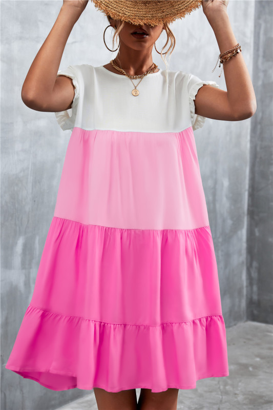 Manufacturer Contrasting Colors Splicing Swing Short Dress Ruffle Sleeve Summer