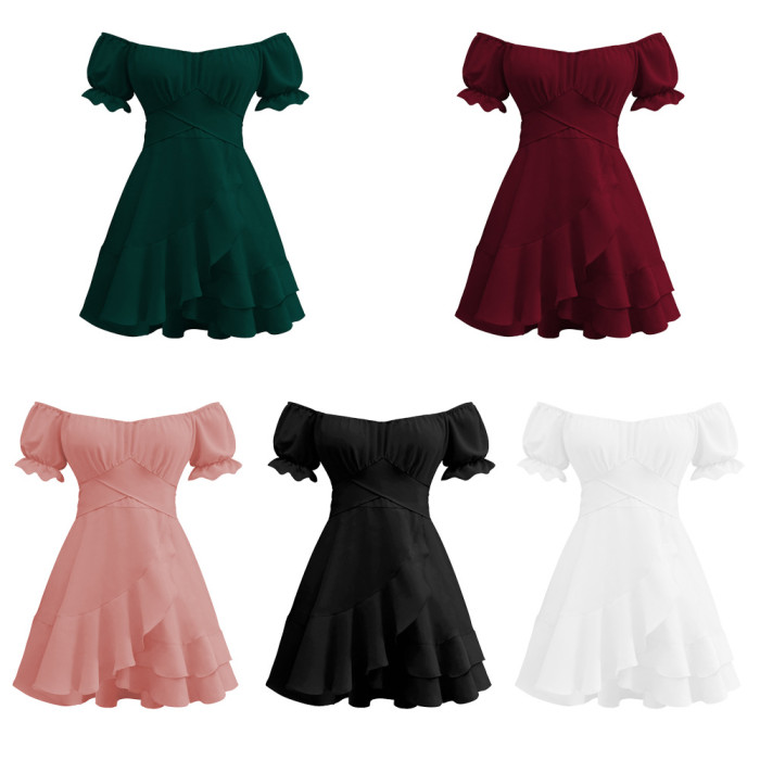 Best Price Ruffled Puff Sleeves Skater Mini Dress Strapless Irregular Hem Summer