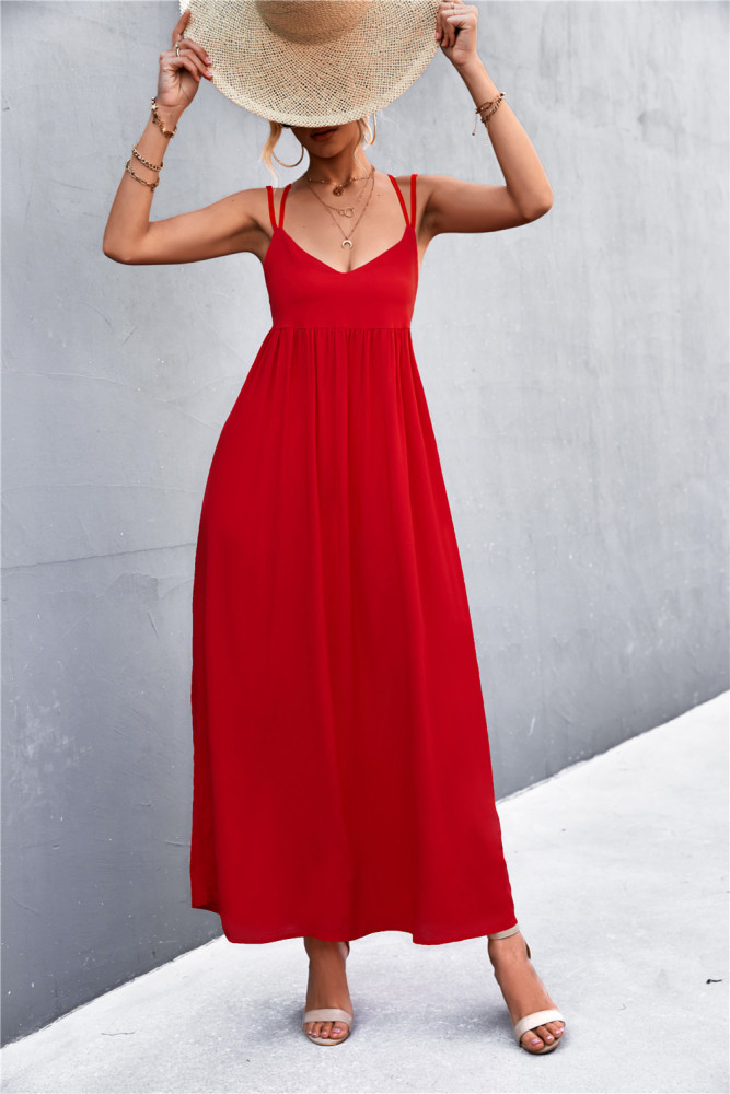 Women Lace-Up Backless Maxi Beach Dress Solid Color Double Spaghetti Straps