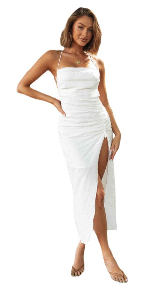 Backless Lace Up Ruched Bodycon Summer Dress Solid Color Irregular Hem