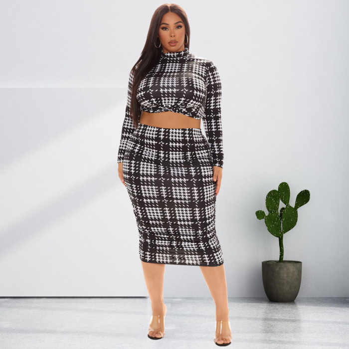 Long Sleeve Plus Size Women Bodycon Dress Two Piece Suit Plaid Print Crop Tops Skirts