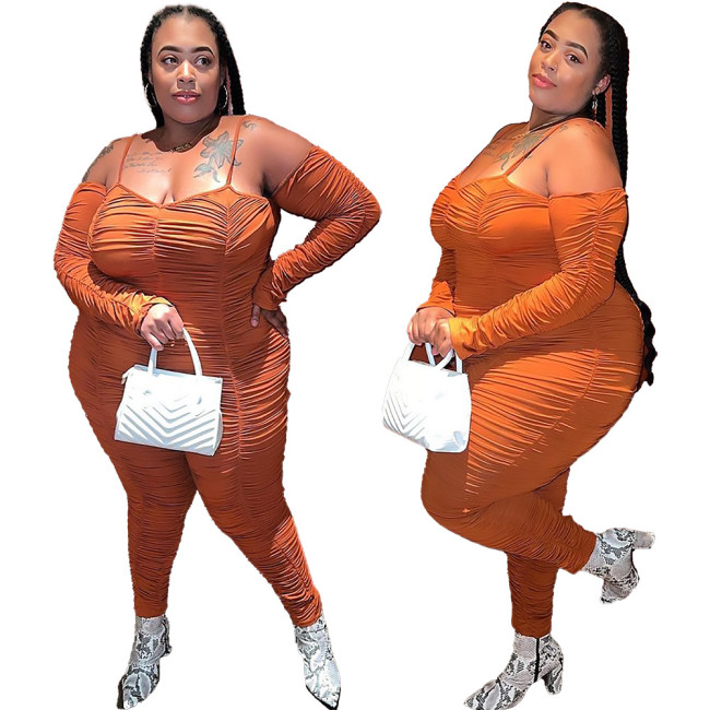 Factory Price Plus Size Long Jumpsuit Women Ruched Long Sleeve Cami Straps