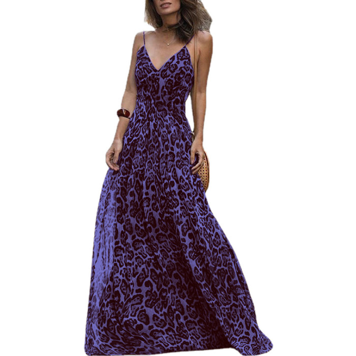 Women Leopard Sexy Halter Maxi Dress Gown Sling Straps V-Neck Manufacturer