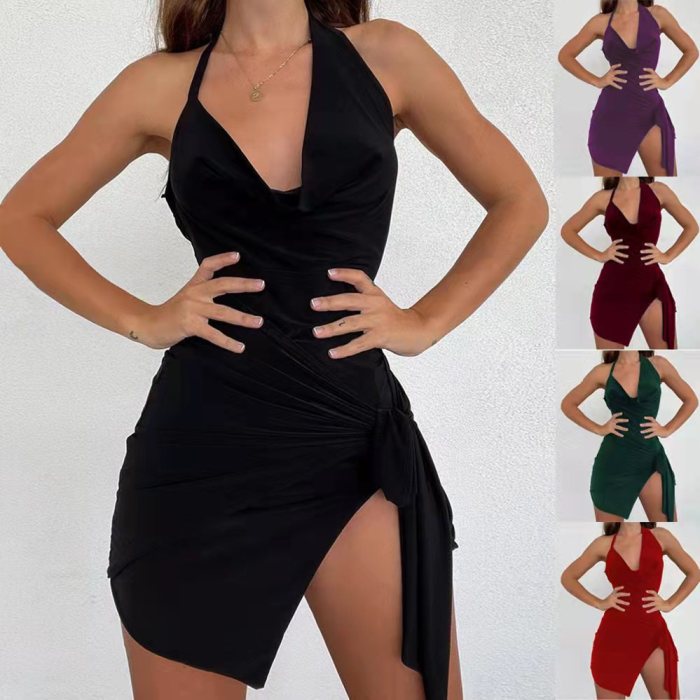 New Design Halter Neck Club Bodycon Dress High Cut Slit Leg Side Knot
