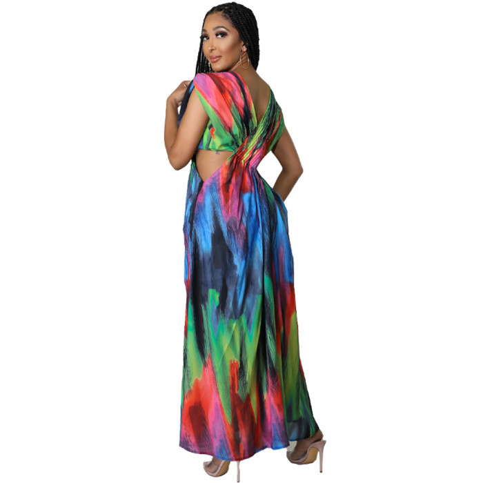 Stylish Colorful Print Maxi Dress Hollow Out Waist V-Neck Sleeveless for Ladies
