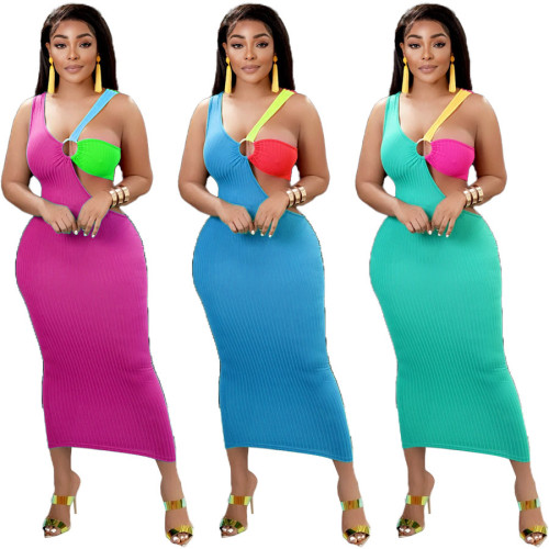 Slim Contrasting Colors Bodycon Long Dress Cut Out for Women Suppliers
