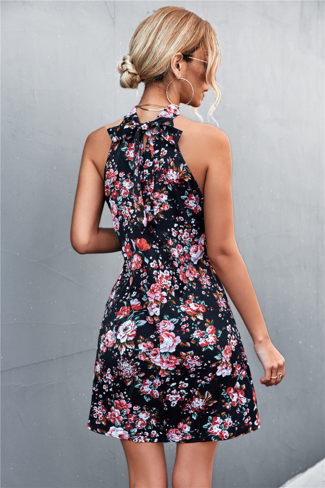 Slim Fit Sleeveless Lace-Up Halter Mini Dress Floral Print Women Manufacturer
