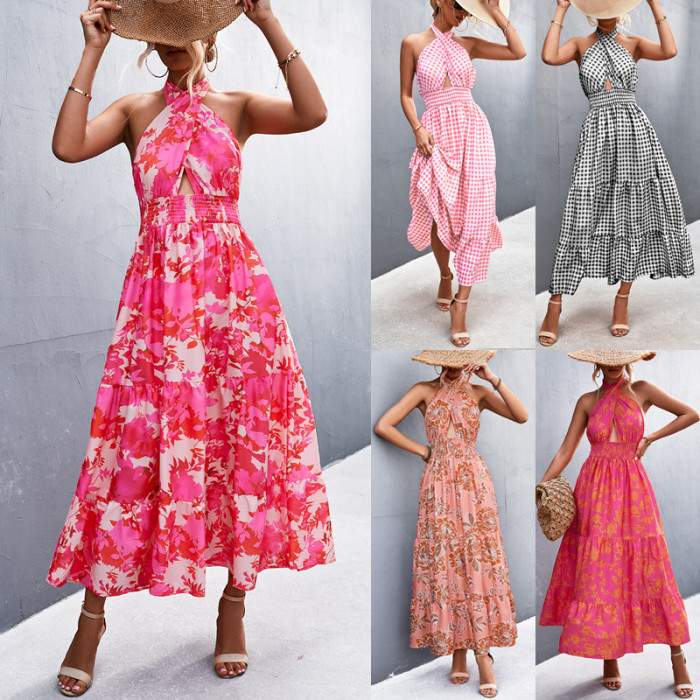 Wholesale Sexy Summer Backless Floral Dress Long Halter Neck for Women
