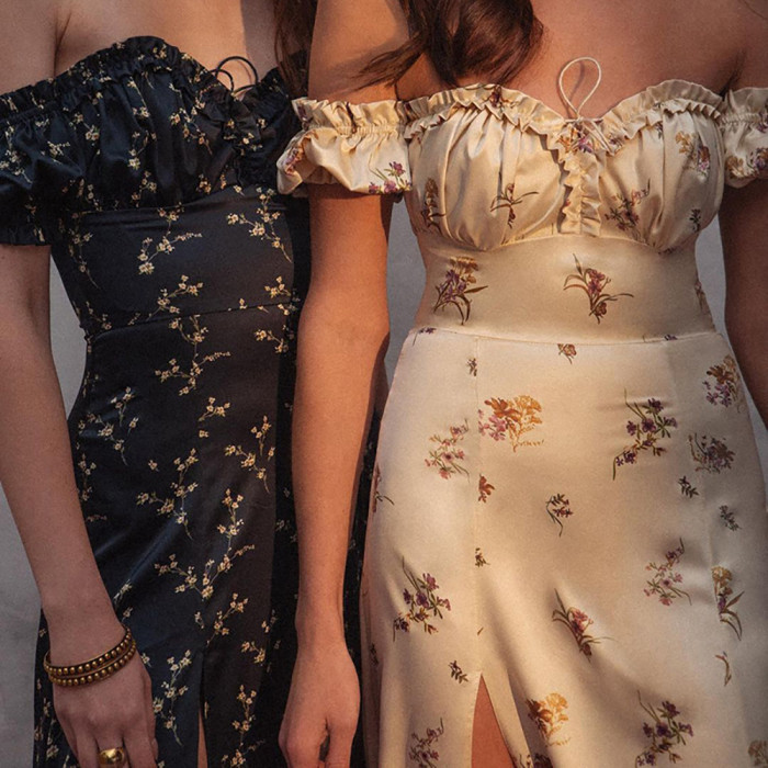 Summer Strapless Floral Maxi Dress Ruffle Bust Short Sleeve High Leg Slit for Women