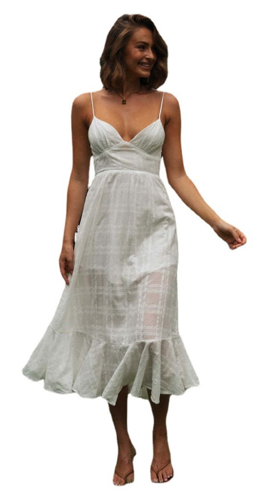 Best Selling Solid White Long Summer Casual Dress Cami Straps Lace-Up Back